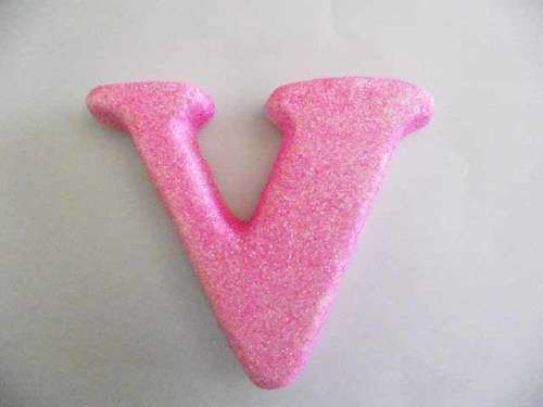 Polistyrene Letter V, Pink With Glitter, ±100mm x 20mm, 1pc