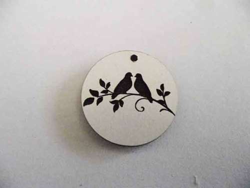 Pendants, Wood, Round With Bird Design, White, 30mm, 1 pc