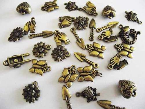 Charms, Mixed Set, Acrylic + Metal, Bronze, 5pc