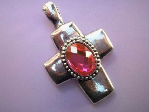 Pendant, Cross With Pink Rhinestone, Nickel, 62mm x 49mm, 1pc