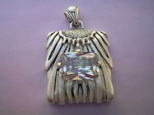 Pendant, Rectangle With Clear Rhinestone, Nickel Antiqued, 55mm x 36mm, 1pc