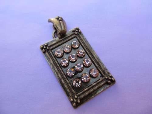 Pendant, Rectangle With Peach Rhinestone, Bronze, 53mm x 27mm, 1pc