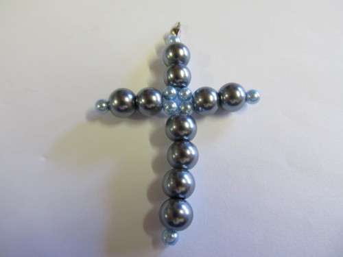 Pendant, Cross, Beaded, Dark Grey, 66mm x 46mm, 1pc