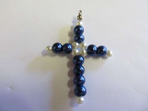 Pendant, Cross, Beaded, Blue And White, 56mm x 38mm, 1pc