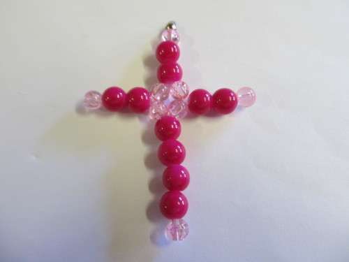 Pendant, Cross, Beaded, Cerise Pink, 70mm x 52mm, 1pc