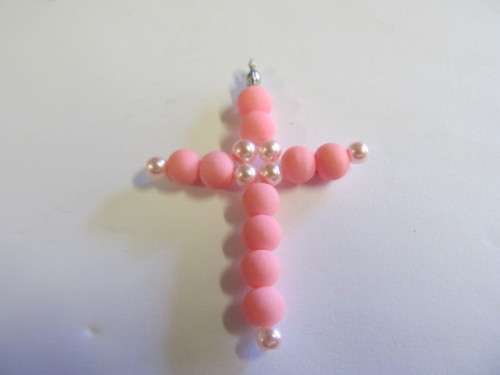 Pendant, Cross, Beaded, Pink, 56mm x 38mm, 1pc