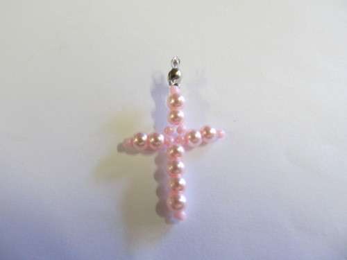 Pendant, Cross, Beaded, Light Pink, 36mm x 22mm, 1pc