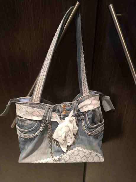 Handbag, Denim, Blue And White, ±40cm x 22cm, Handmade, 1pc