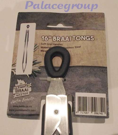 KETLA Braai, 16` Braai Tongs, 0.6mm Stainless Steel, Soft Grip Handles, 180g