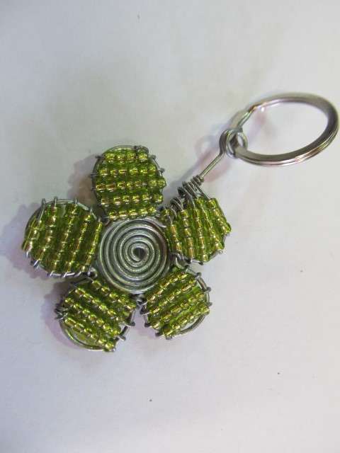 Keyring, Flower Keyring Made With Seedbeads, Green, 8cm, 1pc