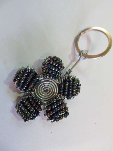 Keyring, Flower Keyring Made With Seedbeads, Black, 1pc