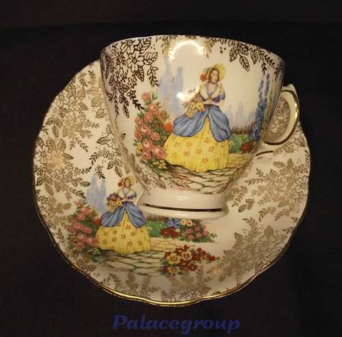 1940`s Colclough Bone China Crinoline Lady Chintz Tea Cup and Saucer x 4