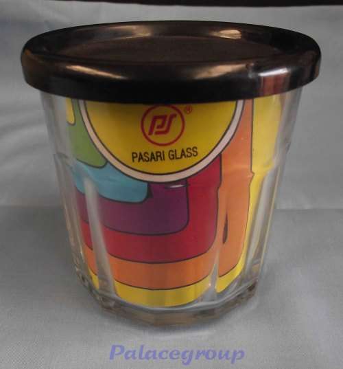 Glass Jar and Black Plastic Lid, Indonesia, H - 95mm, D - 90mm, See Photo`s