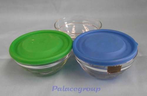 5 x Glass Bowl`s, 4 x Plastic Lid`s Blue and Green, Strengthened - Heat Resisting, 75ml See Photo`s