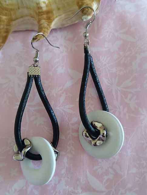 Earrings, Leather And WoodOn Shepherd`s Hook, Nickel With Black And White, 80mm, 2pc