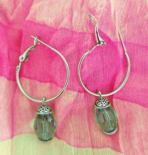 Earrings, Nickel Hoops With Green Facetted Crystal Beads, Size 42mm, 2pc