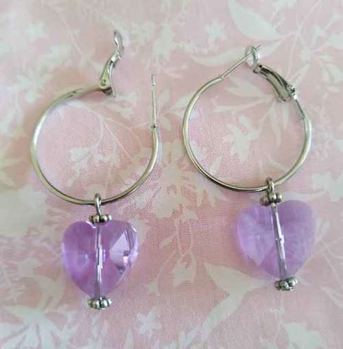 Earrings, Nickel Hoops With Purple Heart Crystal Beads, Size 43mm, 2pc