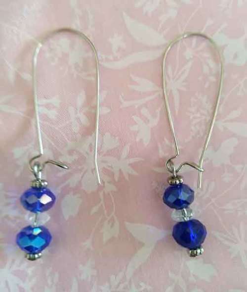 Earrings, Dark Blue And Clear Crystal Beads With Nickel Findings, Size 60mm, 2pc