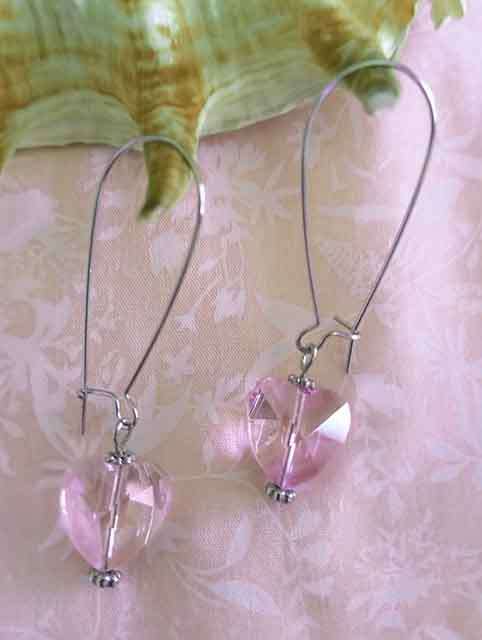 Earrings, Pink Crystal Heart With Nickel Findings, Size 56mm, 2pc