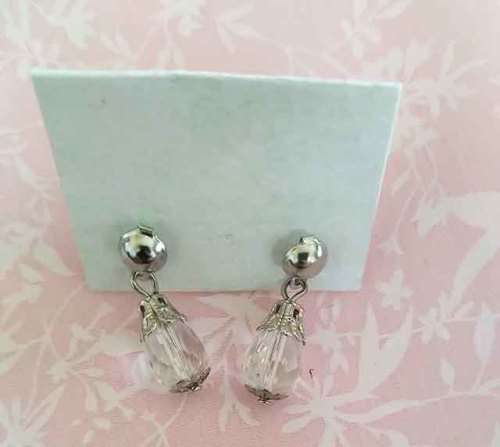 Earrings, Clear Facetted Teardrop Crystal Beads On Nickel Studs, Size 23mm, 2pc