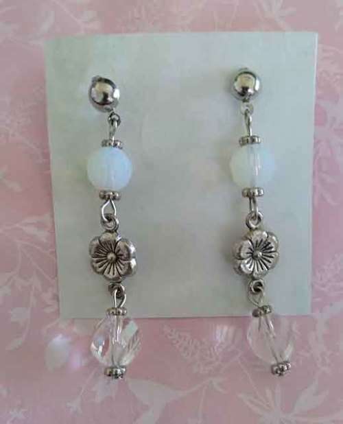 Earrings, Clear And Milky White Crystal Beads On Nickel Studs, 55mm, 1 Pair