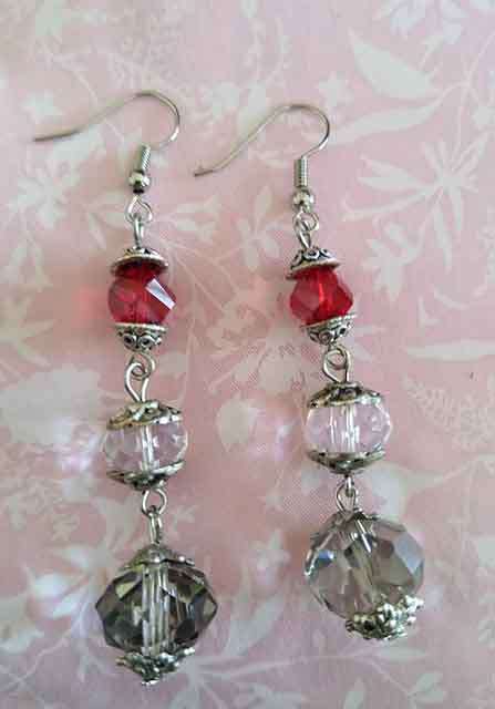 Earrings, Red - Clear And Smokey Facetted Crystal Beads On Nickel Shepherds Hooks, 70mm, 1 Pair