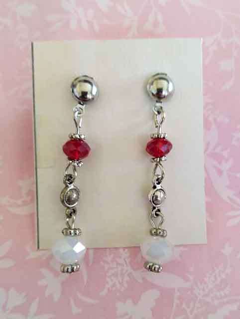 Earrings, Red And Milky White Facetted Crystal Beads On Nickel Studs, 40mm, 1 Pair
