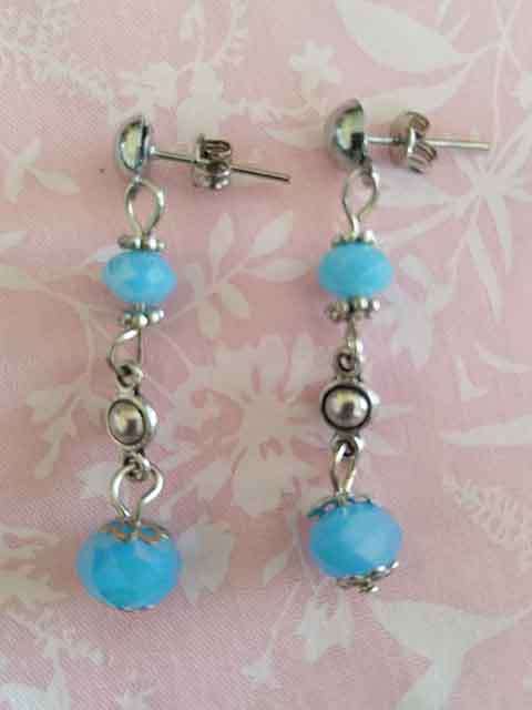Earrings, Milky Blue AB Facetted Crystal Beads With Nickel Findings And Studs, 40mm, 1 Pair