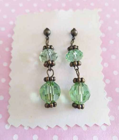 Earrings, Green Facetted Crystal Beads On Bronze Studs, 40mm, 1 Pair