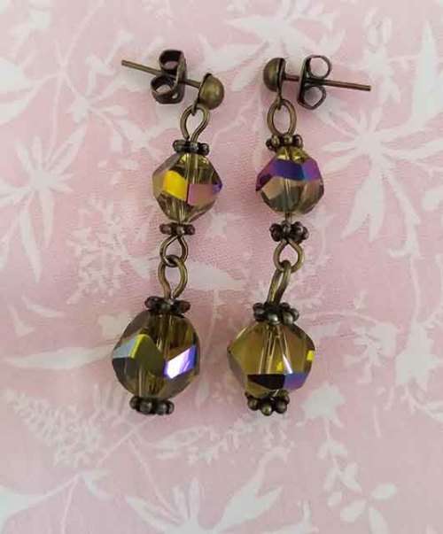 Cristia Earrings, Brown AB Crystal Beads With Bronze Studs, 40mm, 1 Pair