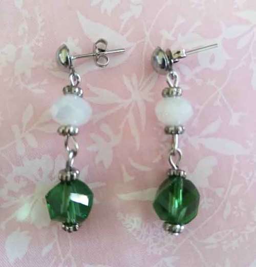 Cristia Earrings, Milky White And Green Crystal Beads With Nickel Studs, 35mm, 1 Pair