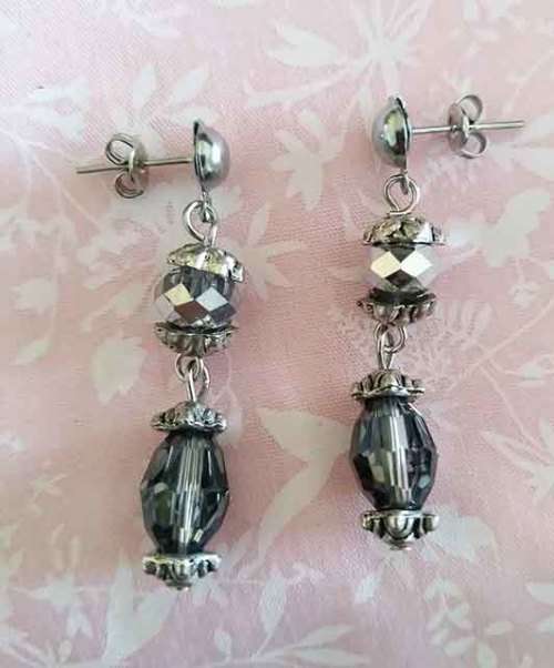 Cristia Earrings, Smokey Crystal Beads With Nickel Studs, 40mm, 1 Pair