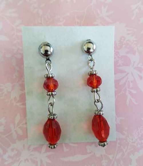 Cristia Earrings, Red Crystal Beads With Nickel Studs, 40mm, 1 Pair