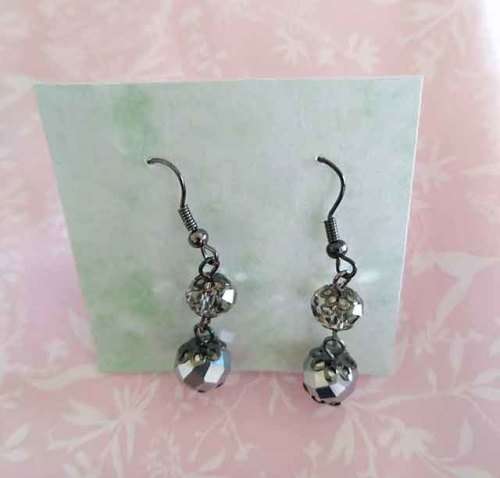 Cristia Earrings, Smokey Facetted Crystal Beads With Black Nickel Shepherd`s Hook, 40mm, 1 Pair