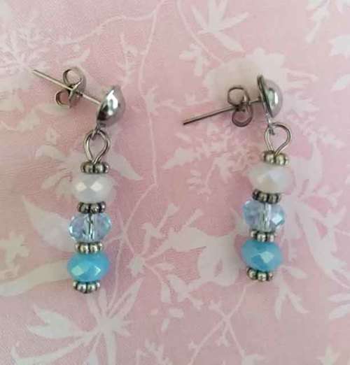 Cristia Earrings, Milky White And Blue Crystal Beads With Nickel Studs, 30mm, 1 Pair