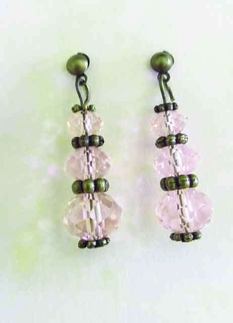 Cristia Earrings, Light Pink Facetted Crystal Beads With Bronze Studs, 35mm, 1 Pair