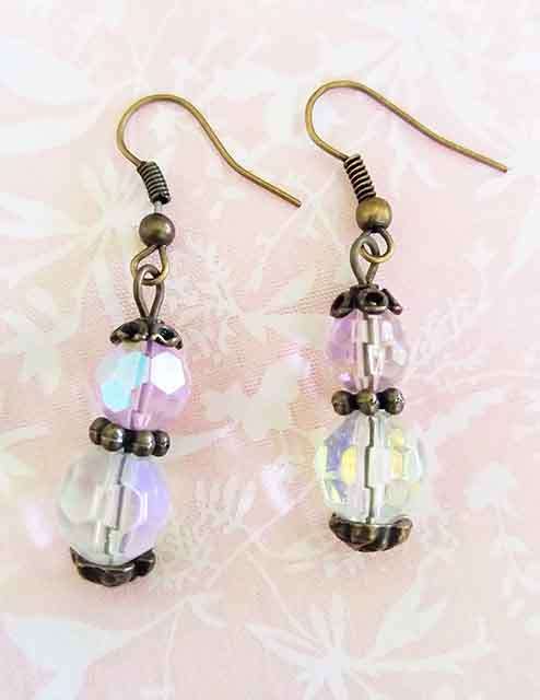 Cristia Earrings, Clear AB And Pink AB Crystal Beads With Copper Shepherd`s Hook, 42mm, 1 Pair