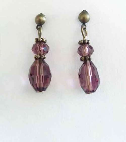 Cristia Earrings, Purple Crystal Beads With Bronze Studs, 26mm, 1 Pair