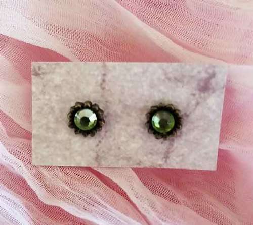 Stud Earrings, Bronze With Green Rhinestones, 7mm, 1Pair