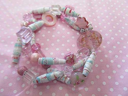 Cheri Bracelet, Triple Strand With Shell, Glass And Handmade Beads On Elastic, Shades Of Pink, 1pc