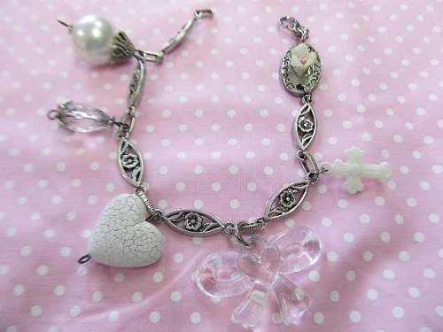 Cheri Bracelet, Chain With 5 Charms, Lobster Clasp, Nickel With White, 21cm, 1pc