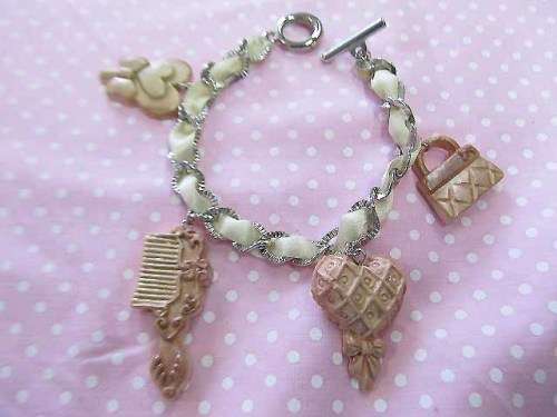 Cheri Bracelet, Chain With Ribbon And 4 Charms, Toggle Clasp, Nickel, Shades Of Winter, 19cm, 1pc