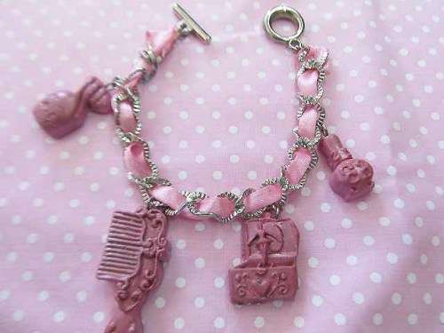 Cheri Bracelet, Chain With Ribbon And 4 Charms, Toggle Clasp, Nickel, Pink, 18cm, 1pc