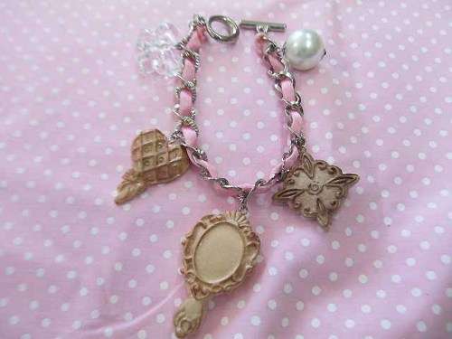 Cheri Bracelet, Chain With Ribbon And 5 Charms, Toggle Clasp, Nickel, Pink And Beige, 18cm, 1pc
