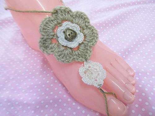Foot Jewellery, Crocheted Flower, Shades Of Beige, 1 Pair