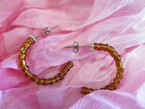 Earrings, Hoop Earrings With Brown Glass Beads, 30mm, 1 Pair