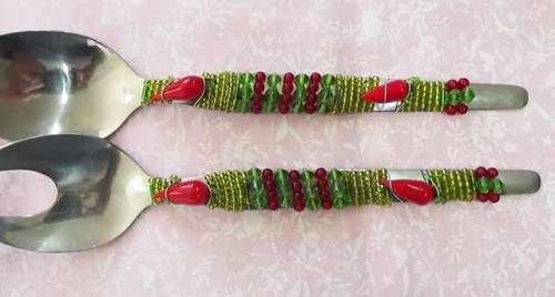 Server Spoon Set, Beaded, Green & Red, 2pc / 1 Set, 250mm x 52mm, See Photos