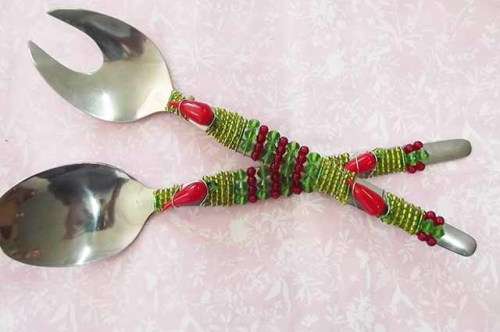 Server Spoon Set, Beaded, Green & Red, 2pc / 1 Set, 250mm x 52mm, See Photos