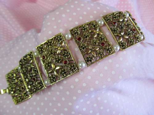 Perrine Bracelet, Red Rhinestone And White Faux Pearls, 20cm, Nickel, 1pc