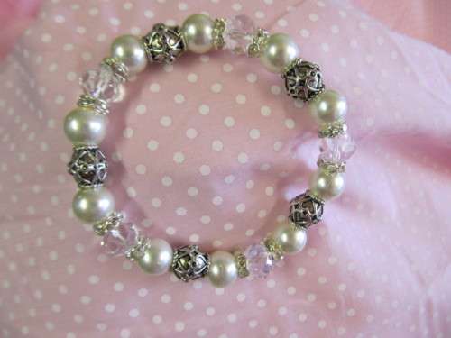 Perrine Bracelet, Beige Faux Pearl And Clear Crystals, 60mm, Nickel, 1pc